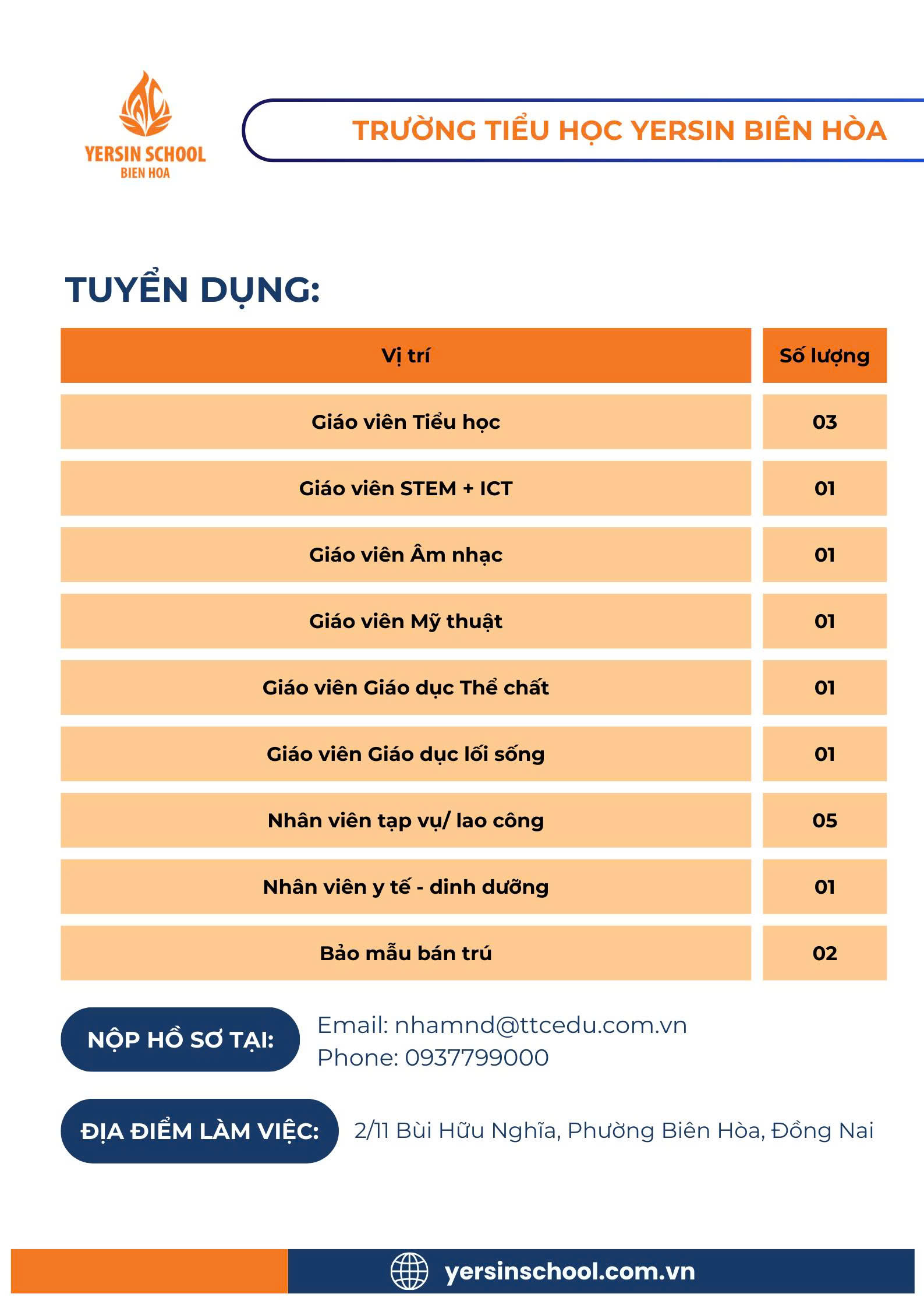 TRƯỜNG TIỂU HỌC YERSIN BIÊN HÒA TUYỂN DỤNG 03/2026